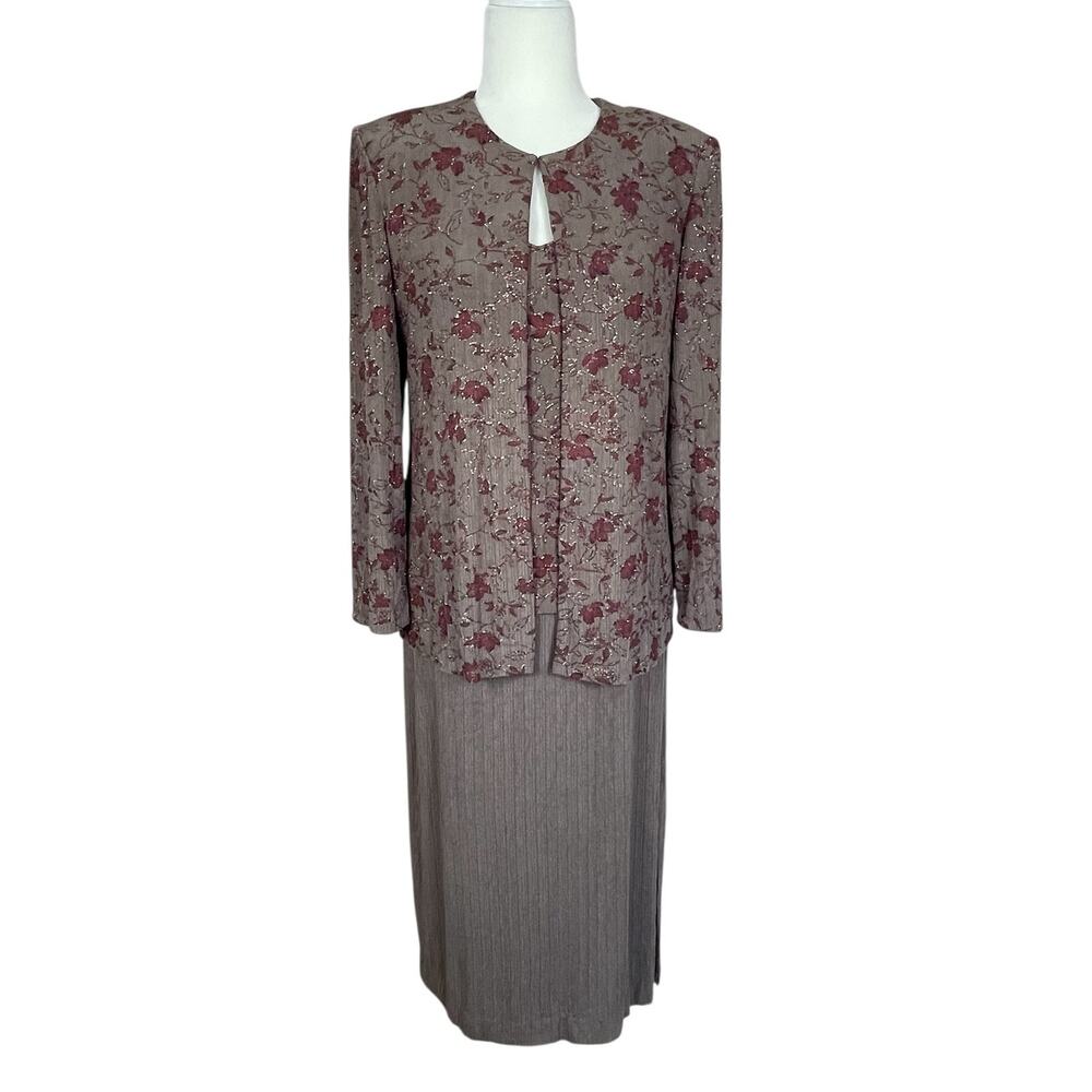 Vintage Alex Evenings Gown Dress Jacket Beaded Shimmer 2 PC Set Taupe Size 10